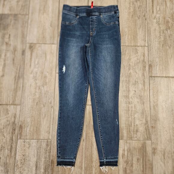 Spanx Jeans Womens Size M Skinny Raw Released Hem Distressed Dark Wash Denim - Picture 4 of 14